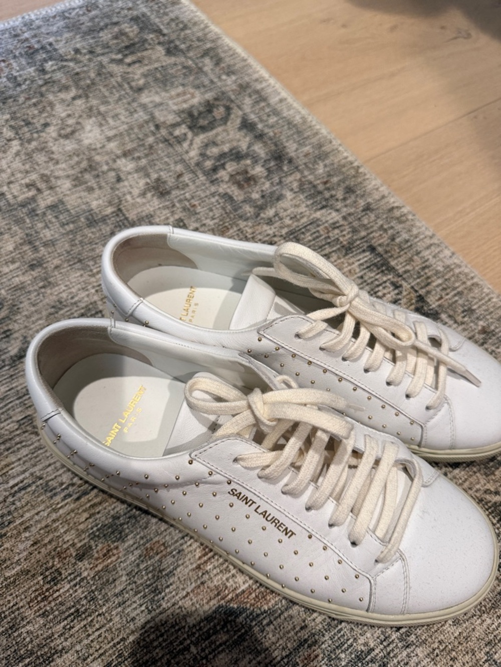 Saint Laurent Cream Leather Low-Top Sneakers with Gold Studs